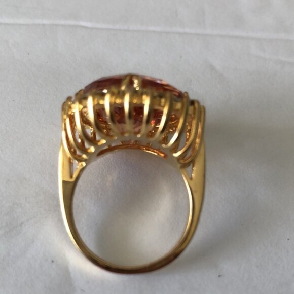 Cocktail Ring Gold Plated w Round Champagne Stone & Surround CZ Stones Sz.7.25 - Picture 9 of 13